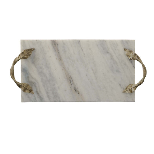 Marble tray With Carved Metal Handles, White and Gold