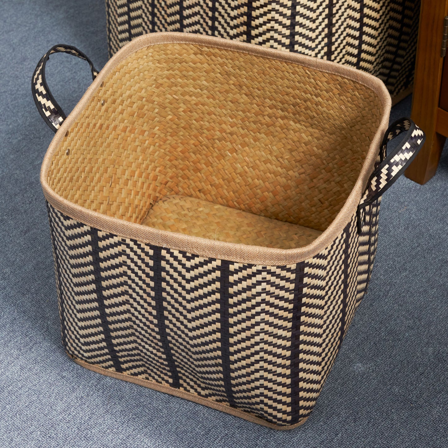 Square Palm Leaf Woven Wicker Storage Baskets (Set of 2) - 14" x 14" x 15" and 16" x 16" x 17"
