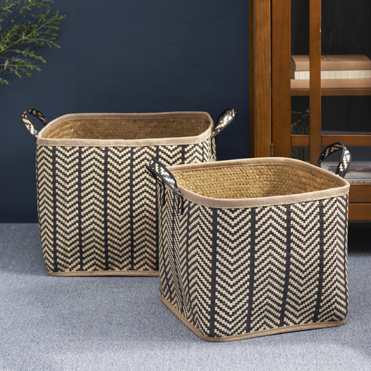 Square Palm Leaf Woven Wicker Storage Baskets (Set of 2) - 14" x 14" x 15" and 16" x 16" x 17"